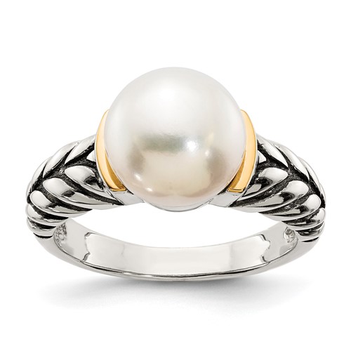 Shey Couture Sterling Silver Ring with 14K Accent Antiqued 10mm Button Freshwater Cultured Pearl