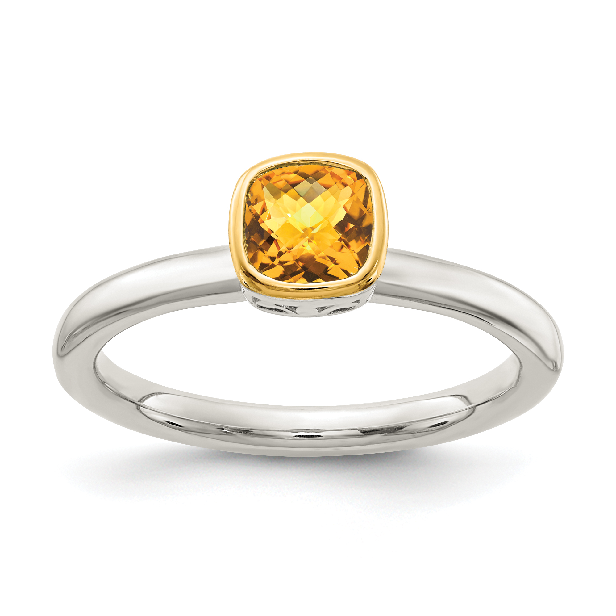 Shey Couture Sterling Silver Rhodium-plated with 14k Accent Polished Cushion-cut Citrine Ring (QTC1720-6)