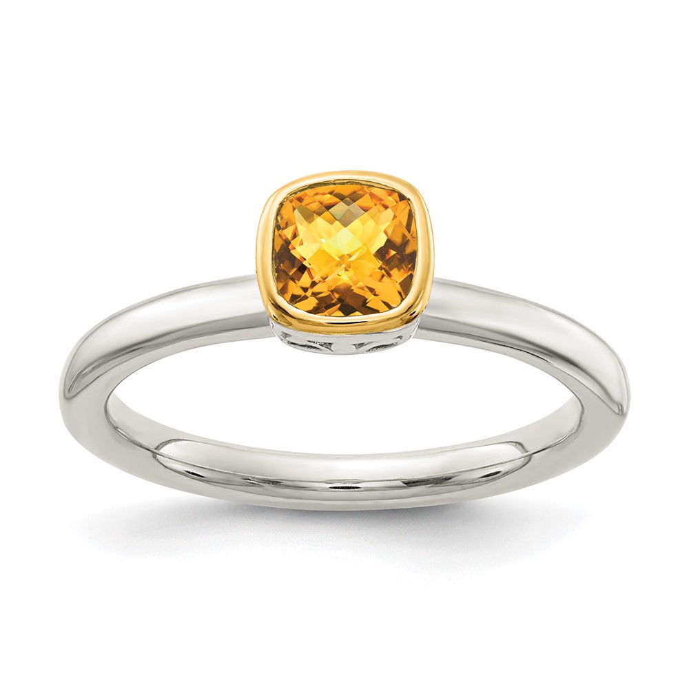 Shey Couture Sterling Silver Rhodium-plated with 14k Accent Polished Cushion-cut Citrine Ring (QTC1720-6)