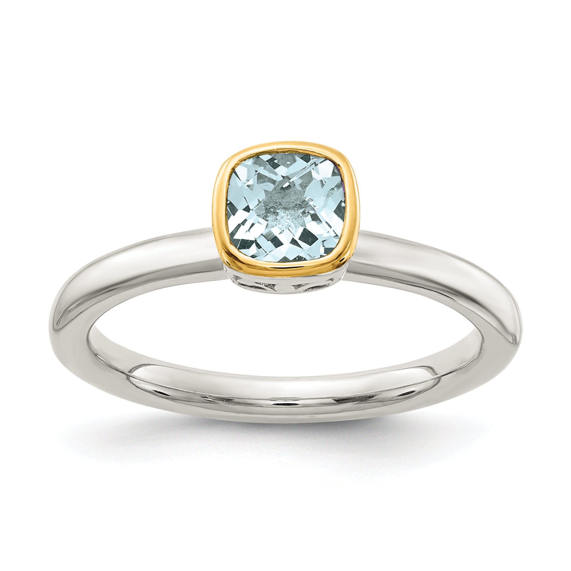 Shey Couture Sterling Silver Rhodium-plated with 14K Accent Polished Cushion-cut Aquamarine Ring (QTC1734-6)