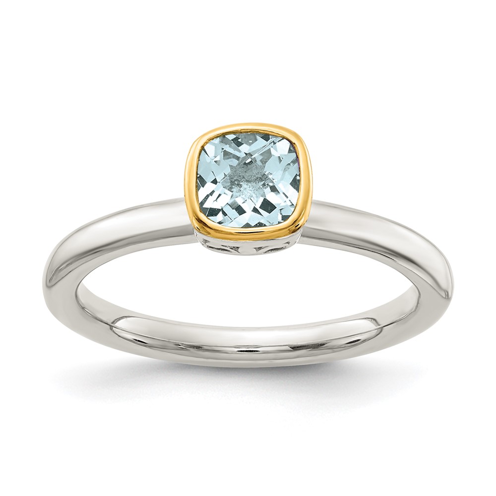 Shey Couture Sterling Silver Rhodium-plated with 14K Accent Polished Cushion-cut Aquamarine Ring (QTC1734-6)