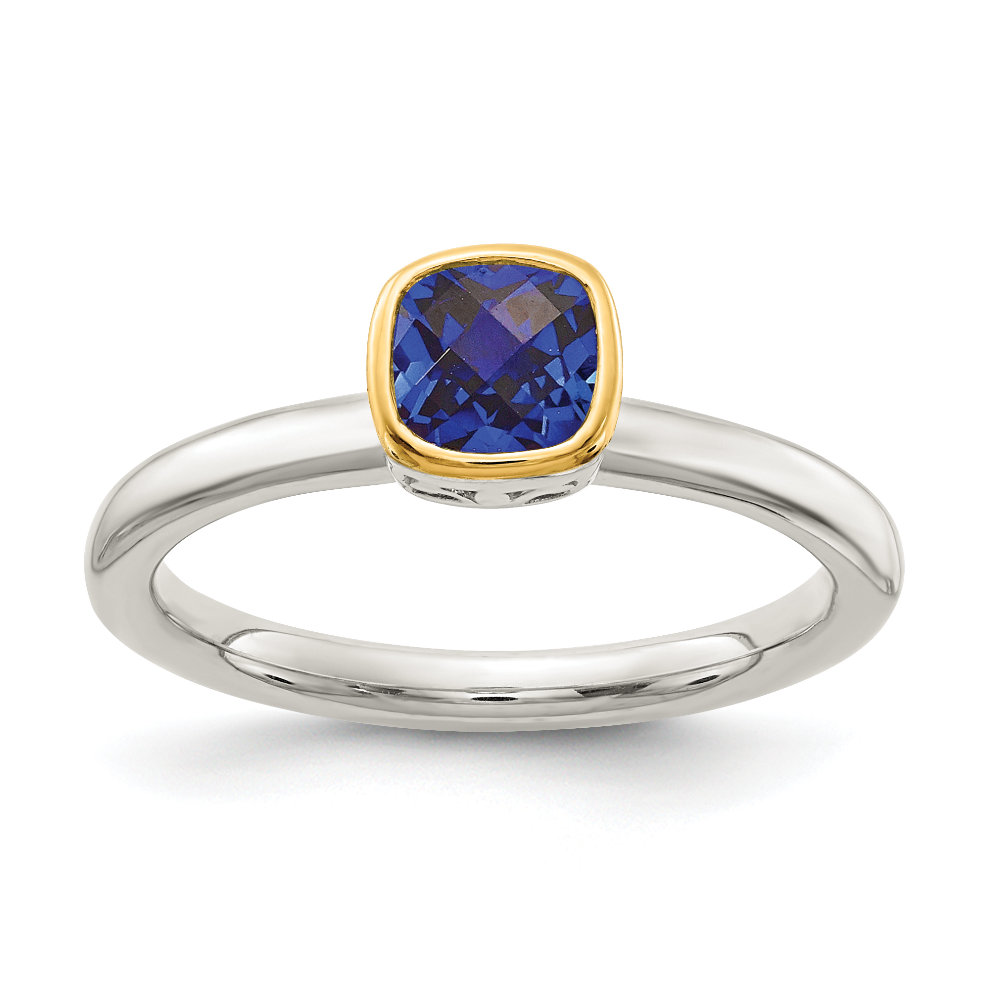 Shey Couture Sterling Silver Rhodium-plated with 14K Accent Polished Cushion-cut Created Sapphire Ring (QTC1736-7)