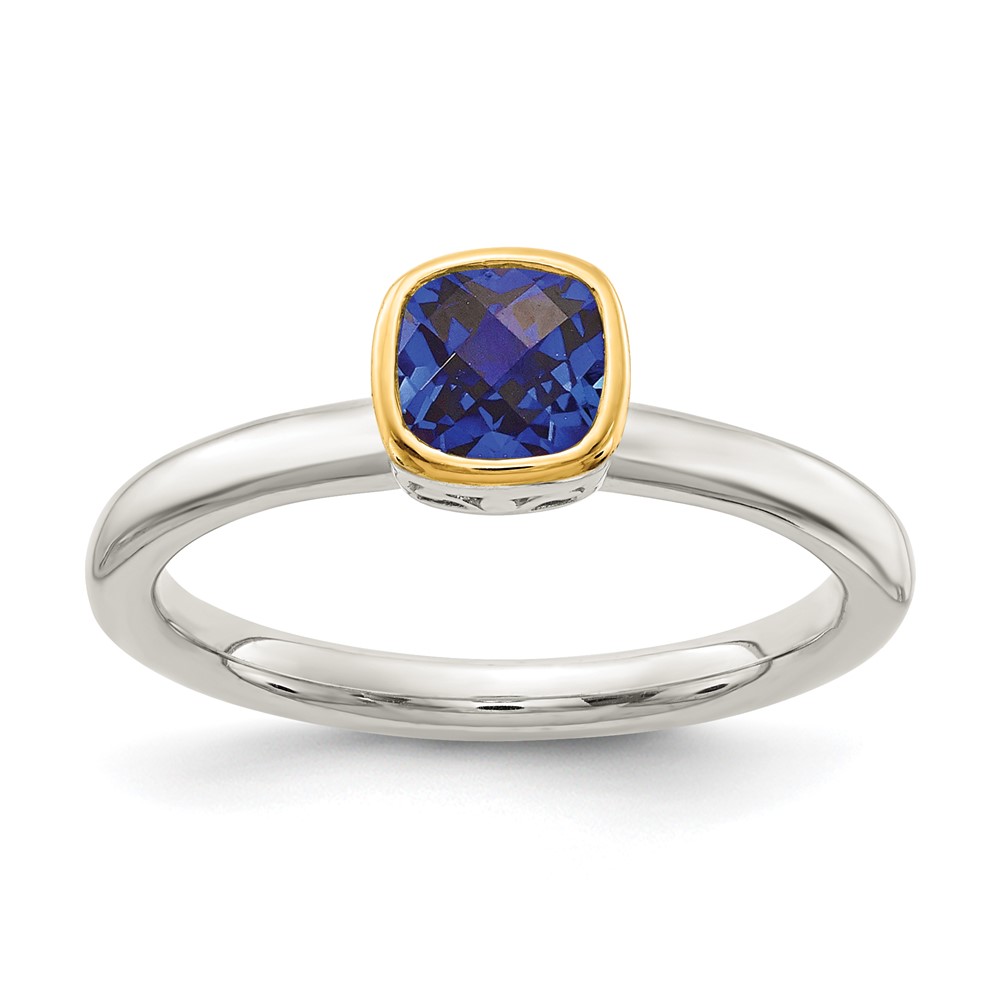 Shey Couture Sterling Silver Rhodium-plated with 14K Accent Polished Cushion-cut Created Sapphire Ring (QTC1736-7)