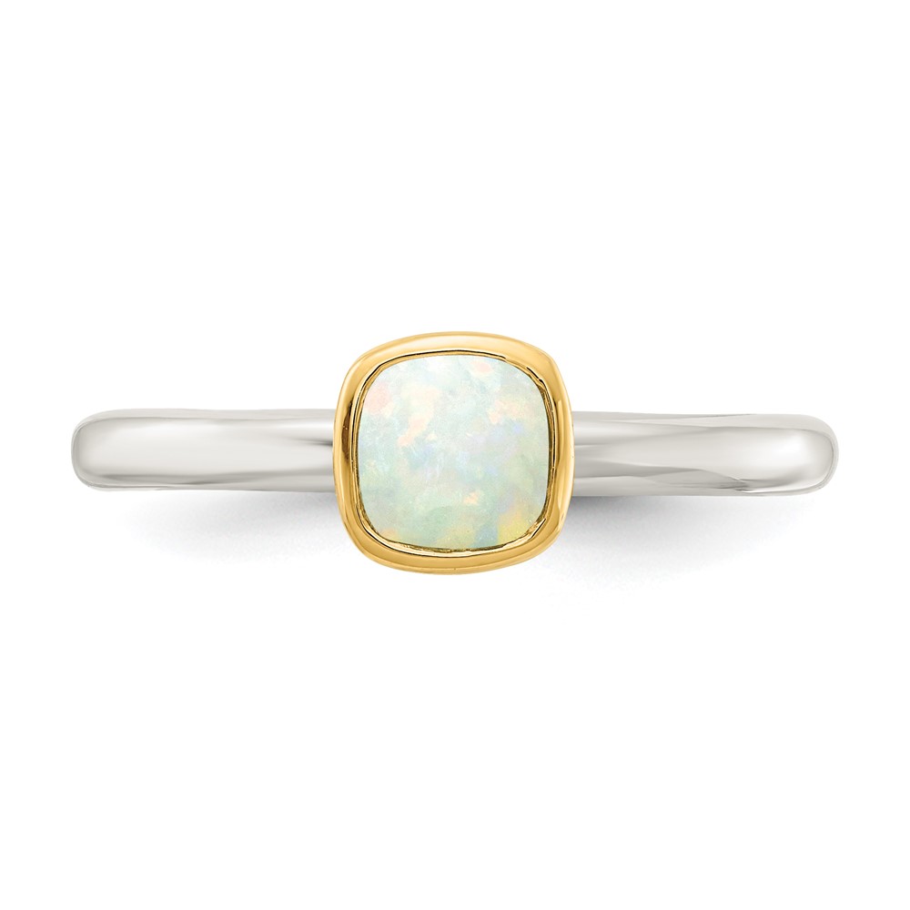 Shey Couture Sterling Silver Rhodium-plated with 14K Accent Polished Cushion-cut Milky Opal Ring (QTC1737-7)