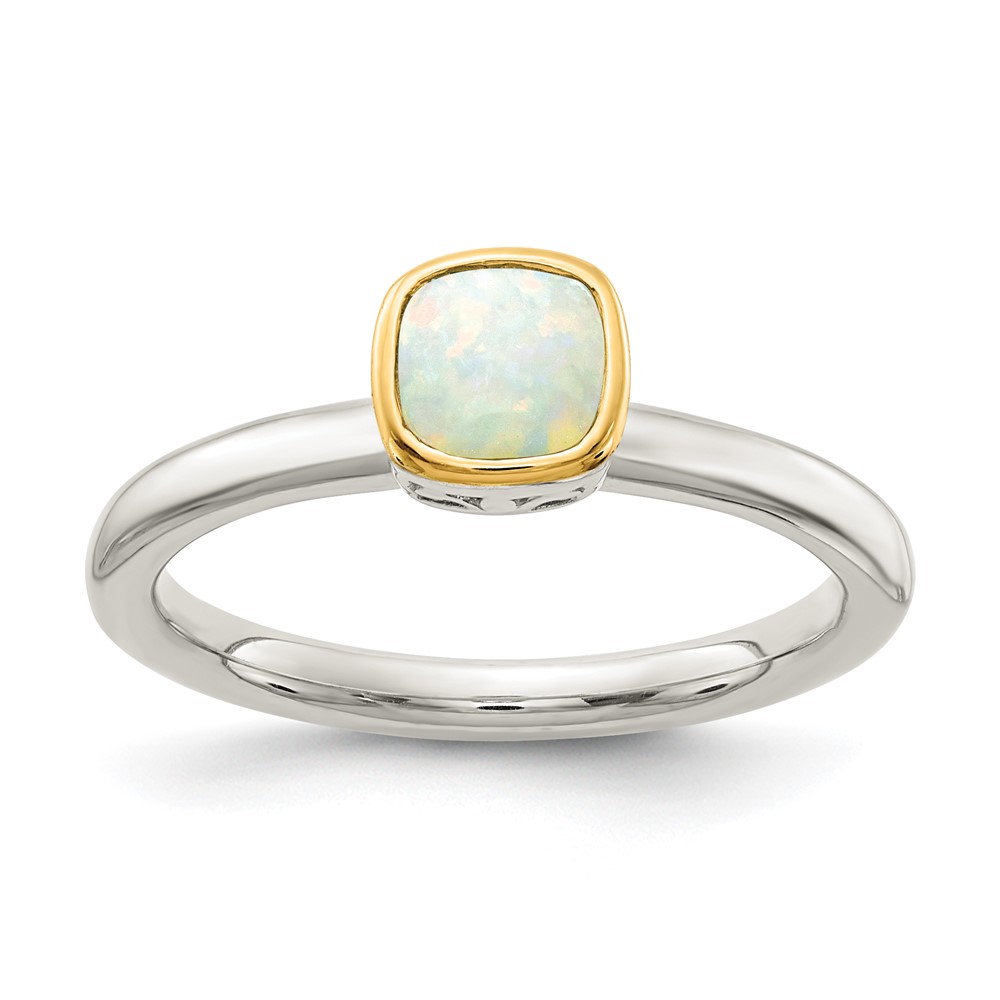 Shey Couture Sterling Silver Rhodium-plated with 14K Accent Polished Cushion-cut Milky Opal Ring (QTC1737-6)