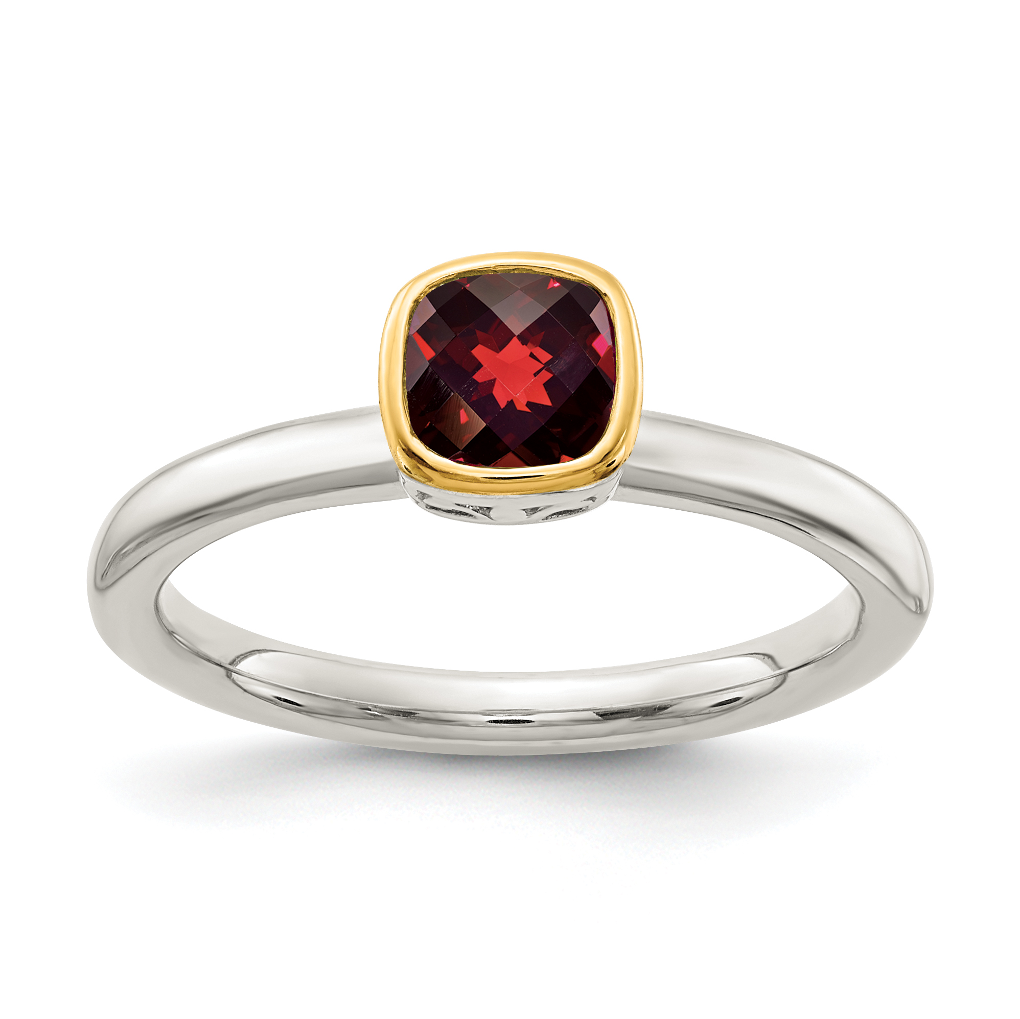 Shey Couture Sterling Silver Rhodium-plated with 14K Accent Polished Cushion-cut Garnet Ring (QTC1738-6)