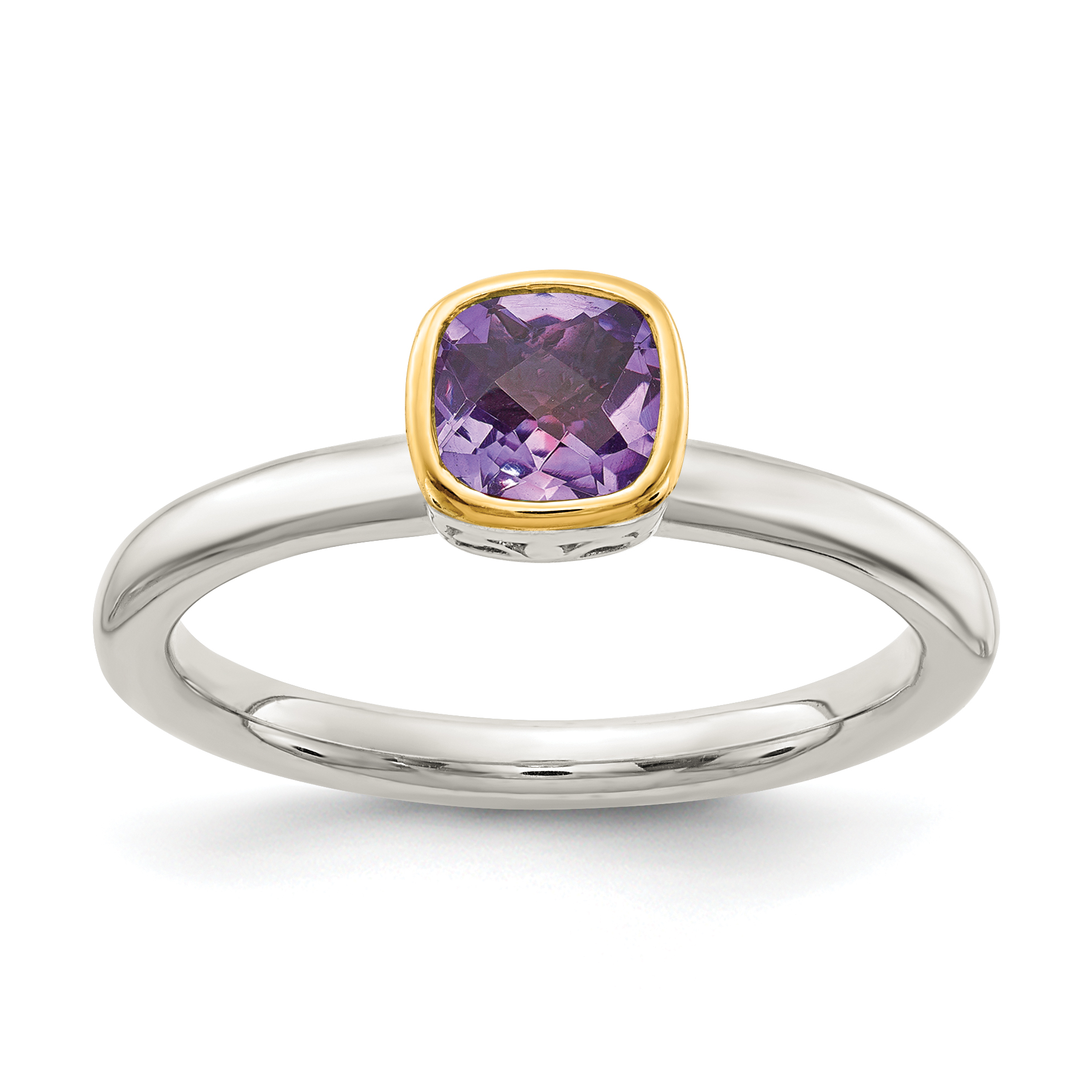 Shey Couture Sterling Silver Rhodium-plated with 14K Accent Polished Cushion-cut Amethyst Ring (QTC1739-6)
