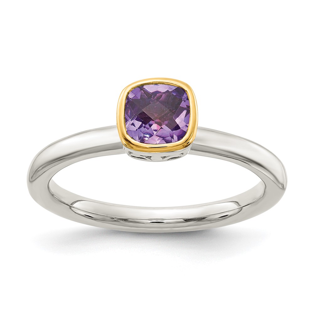 Shey Couture Sterling Silver Rhodium-plated with 14K Accent Polished Cushion-cut Amethyst Ring (QTC1739-6)