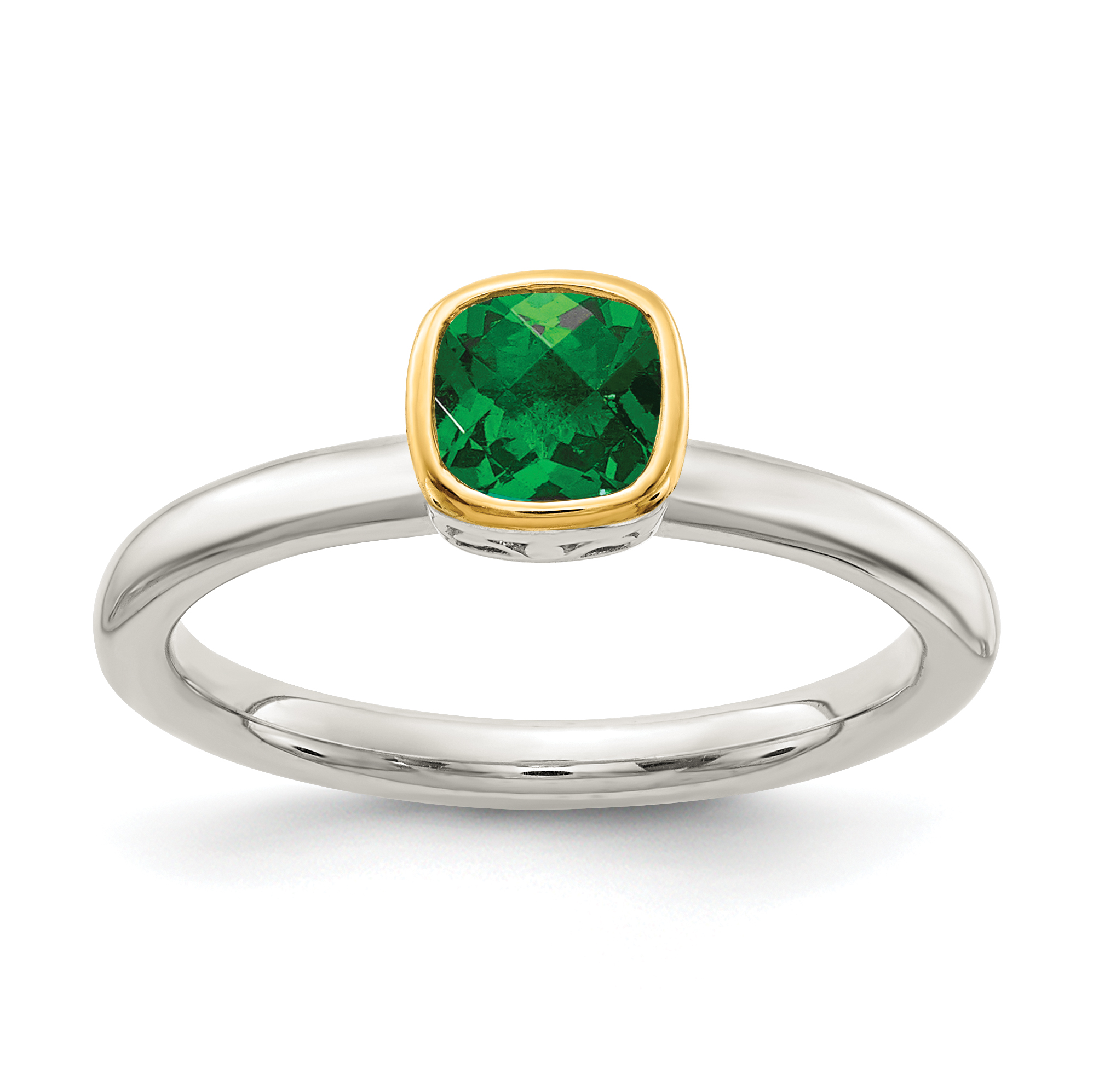 Shey Couture Sterling Silver Rhodium-plated with 14K Accent Polished Cushion-cut Created Emerald Ring (QTC1740-6)