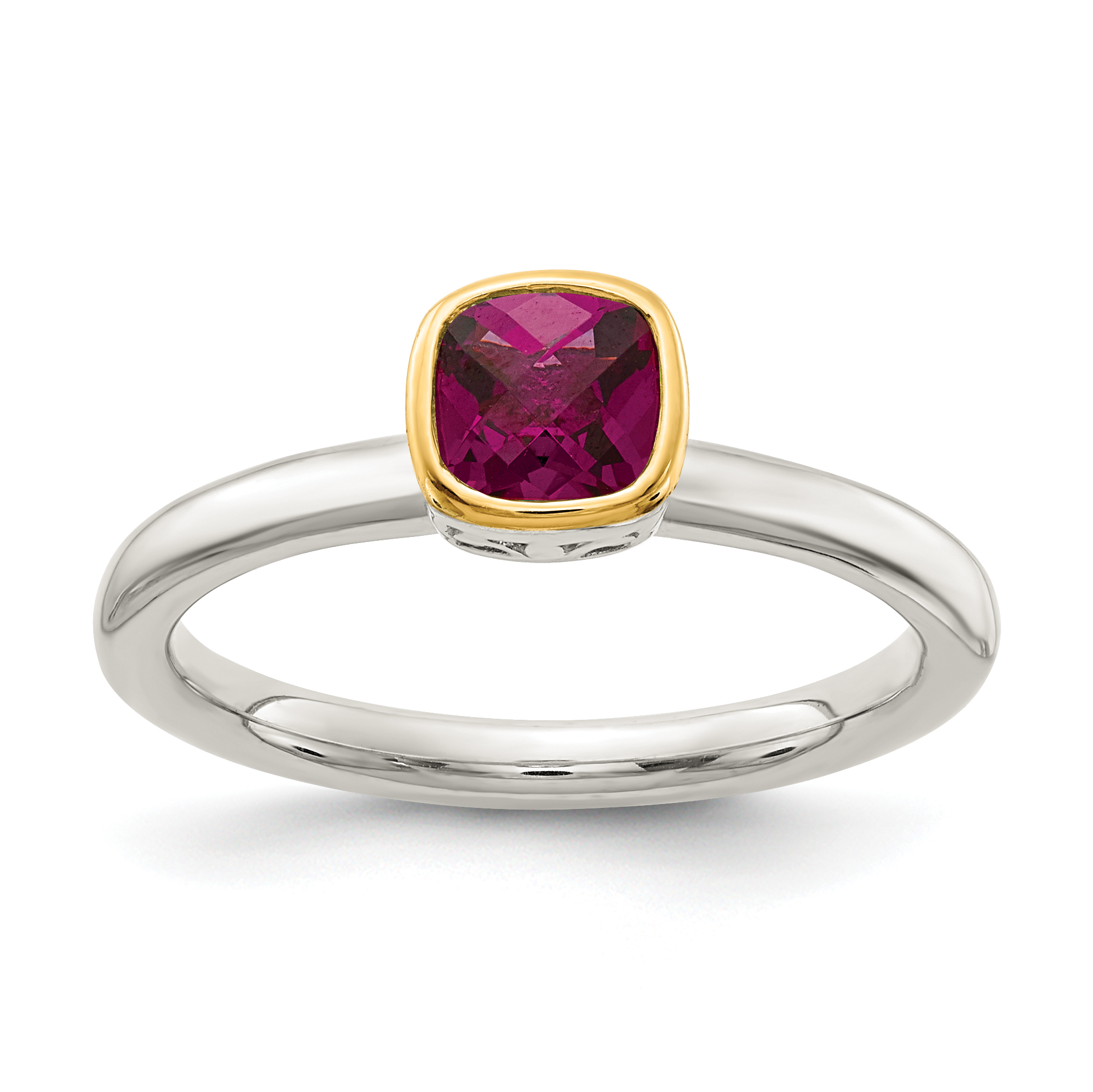 Shey Couture Sterling Silver Rhodium-plated with 14K Accent Polished Cushion-cut Rhodolite Garnet Ring (QTC1741-8)