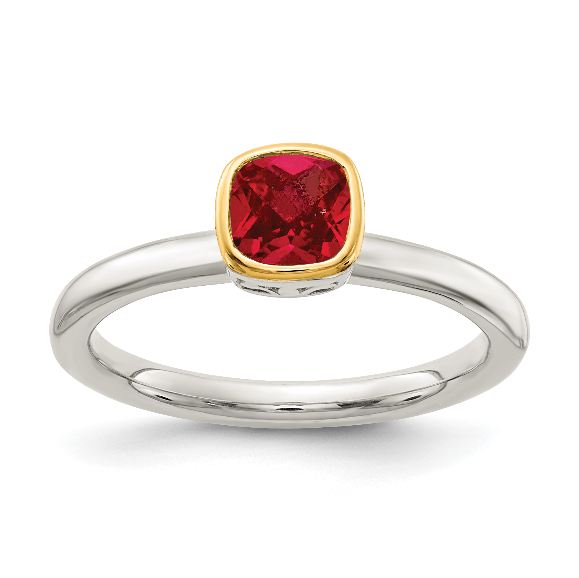 Shey Couture Sterling Silver Rhodium-plated with 14K Accent Polished Cushion-cut Created Ruby Ring (QTC1742-6)