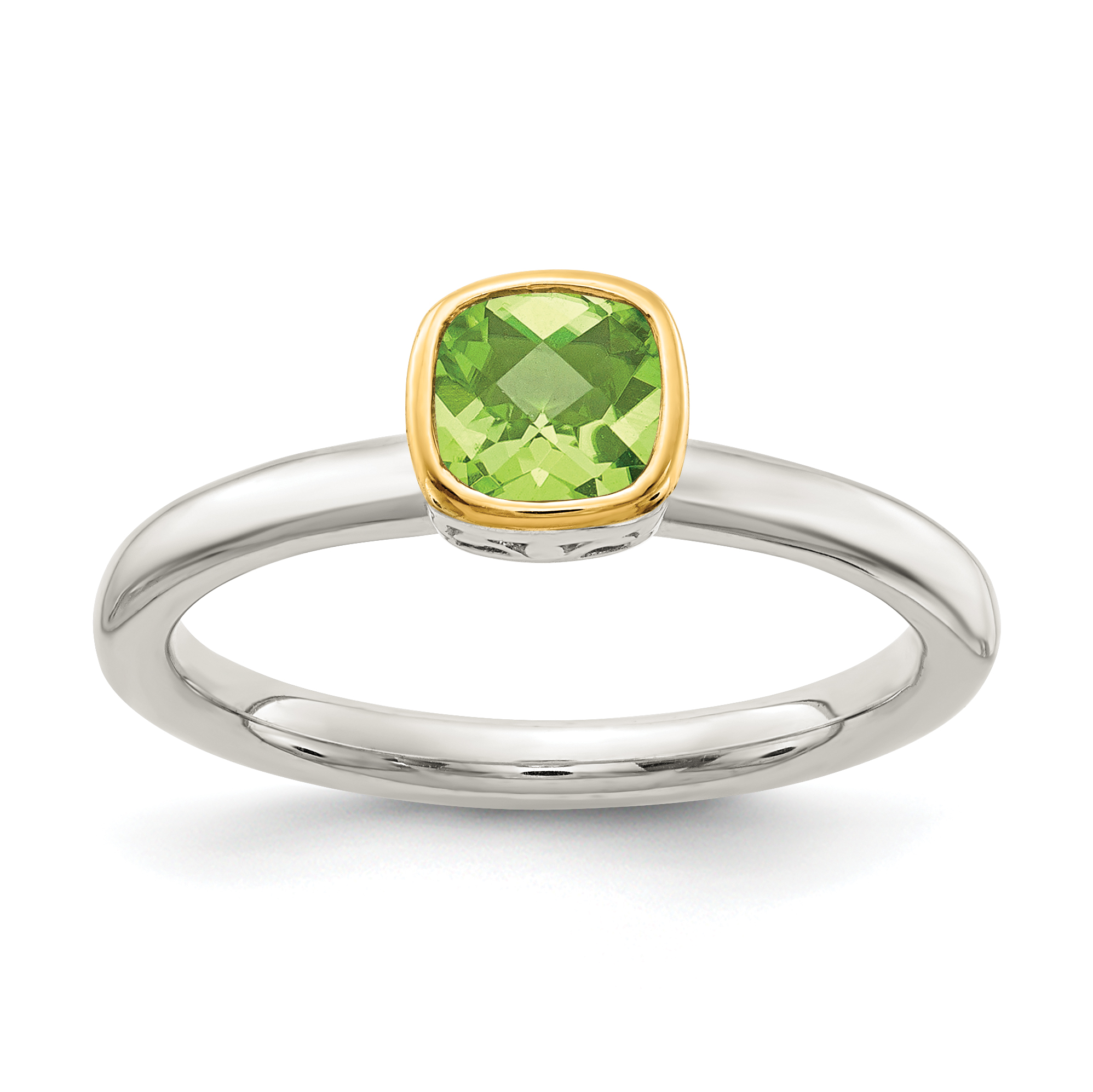 Shey Couture Sterling Silver Rhodium-plated with 14K Accent Polished Cushion-cut Peridot Ring (QTC1743-8)