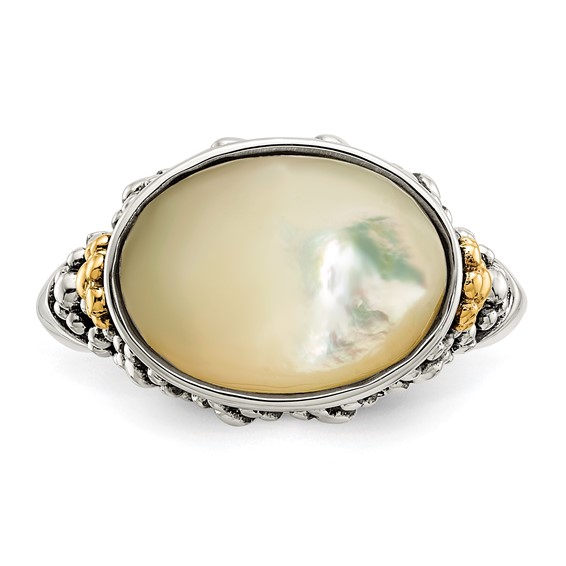 Shey Couture Sterling Silver with 14K Accent Antiqued Floral Oval Mother Of Pearl Ring