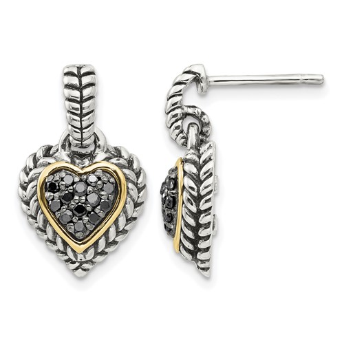 Shey Couture Sterling Silver Earrings with 14K Accent Antiqued Black Diamond Dangle Post Heart