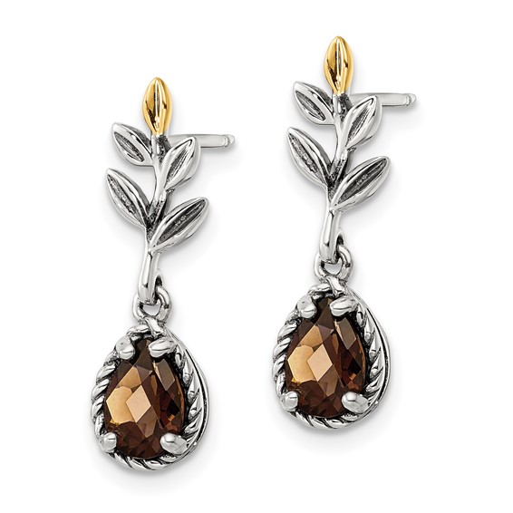 Shey Couture Sterling Silver with 14K Accent Leaves Pear Shaped Checkerboard Smoky Quartz Dangle Post Earrings