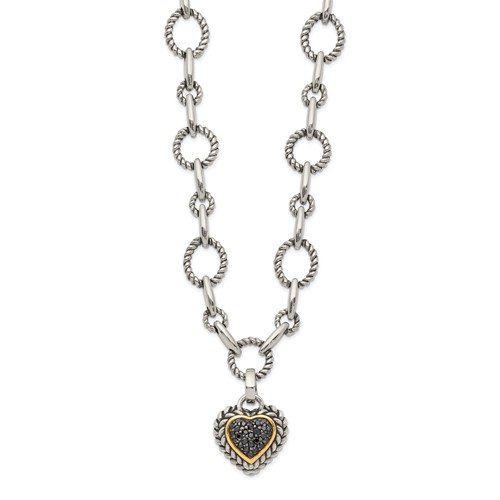 Shey Couture Sterling Silver Necklace with 14K Accent Antiqued Black Diamond Heart Drop, 17"