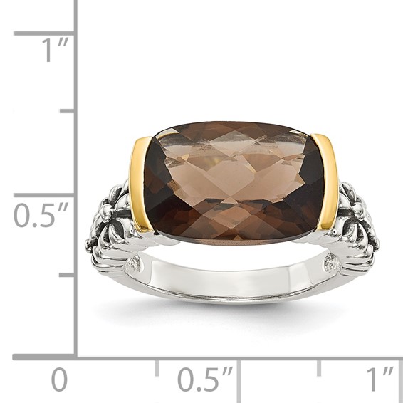 Shey Couture Sterling Silver with 14K Accent Antiqued Cushion Checkerboard Smoky Quartz Ring