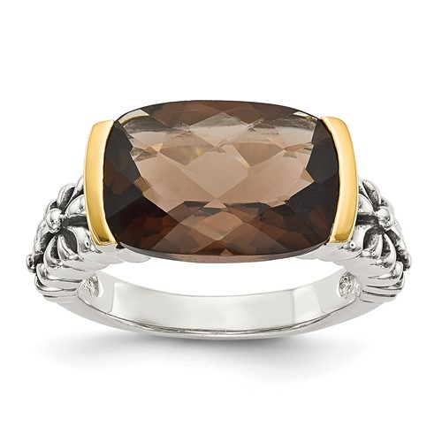 Shey Couture Sterling Silver Ring with 14K Accent Antiqued Cushion Checkerboard Smoky Quartz