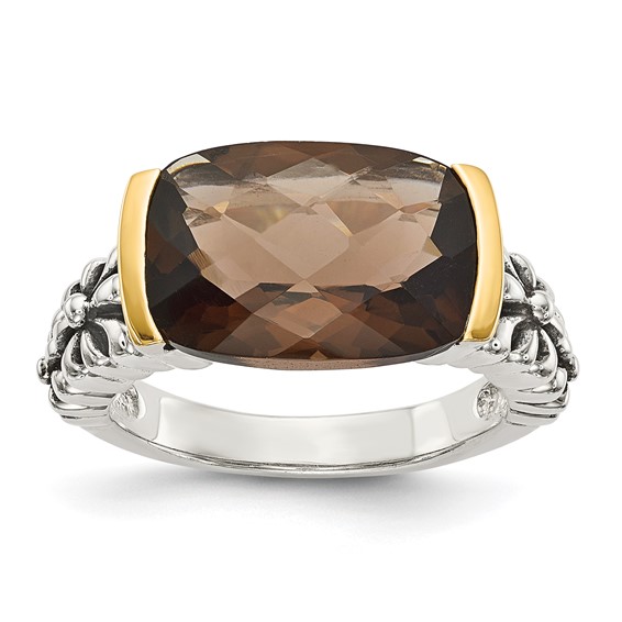 Shey Couture Sterling Silver with 14K Accent Antiqued Cushion Checkerboard Smoky Quartz Ring