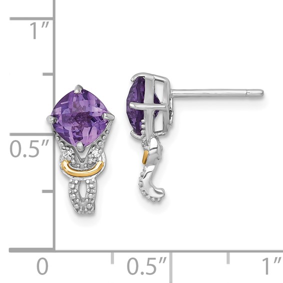 Shey Couture Sterling Silver Rhodium-plated with 14k Accent Checker-cut Cushion Amethyst and .02ct. Diamond Post Earrings