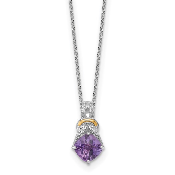 Shey Couture Sterling Silver Rhodium-plated w/14k Accent Checker-cut Cushion Amethyst and .04ct Diamond 18 inch with 2 inch Extension Necklace