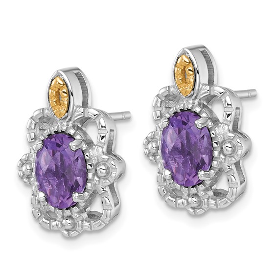 Shey Couture Sterling Silver Rhodium-plated with 14k Accent Oval Amethyst Vintage Post Earrings