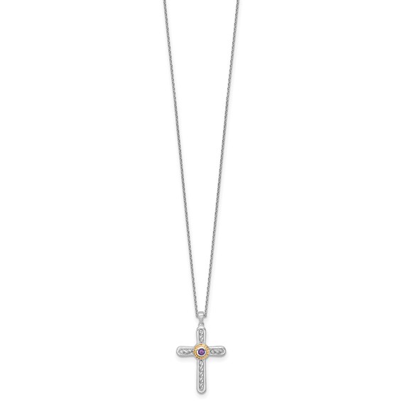 Shey Couture Sterling Silver Rhodium-plated with 14k Accent Round Amethyst Textured Cross 18 inch with 2 inch Extension Necklace