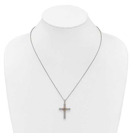 Shey Couture Sterling Silver Rhodium-plated with 14k Accent Round Amethyst Textured Cross 18 inch with 2 inch Extension Necklace