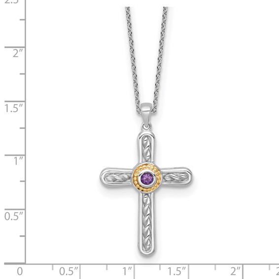 Shey Couture Sterling Silver Rhodium-plated with 14k Accent Round Amethyst Textured Cross 18 inch with 2 inch Extension Necklace