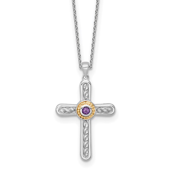 Shey Couture Sterling Silver Rhodium-plated with 14k Accent Round Amethyst Textured Cross 18 inch with 2 inch Extension Necklace