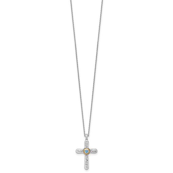 Shey Couture Sterling Silver Rhodium-plated with 14k Accent Round London Blue Topaz Textured Cross 18 inch with 2 inch Extension Necklace