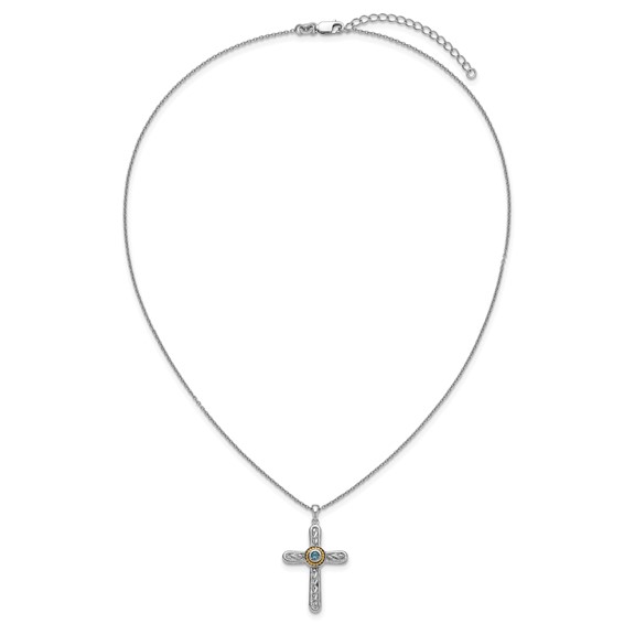 Shey Couture Sterling Silver Rhodium-plated with 14k Accent Round London Blue Topaz Textured Cross 18 inch with 2 inch Extension Necklace