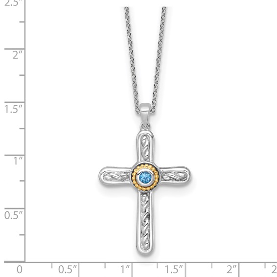 Shey Couture Sterling Silver Rhodium-plated with 14k Accent Round London Blue Topaz Textured Cross 18 inch with 2 inch Extension Necklace