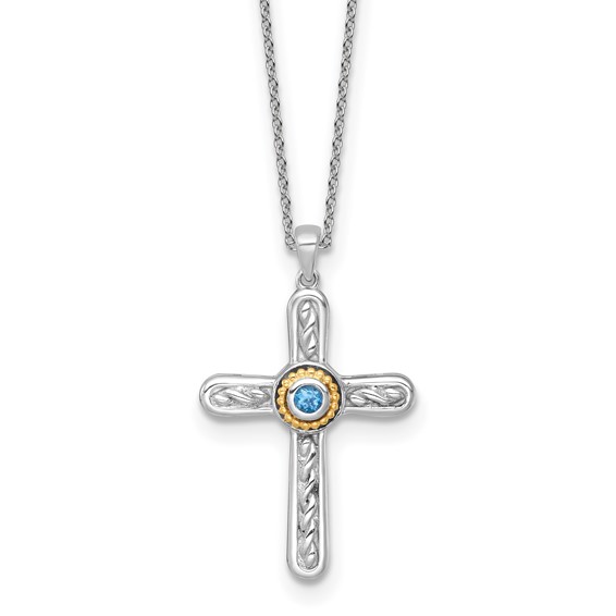 Shey Couture Sterling Silver Rhodium-plated with 14k Accent Round London Blue Topaz Textured Cross 18 inch with 2 inch Extension Necklace