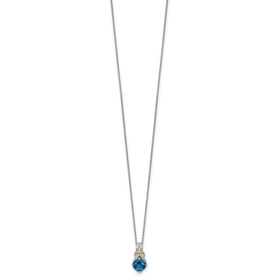 Shey Couture Sterling Silver Rhodium-plated with 14k Accent Checker Cushion London Blue Topaz .04ct. Diamond 18 inch w/2 inch Extension Necklace