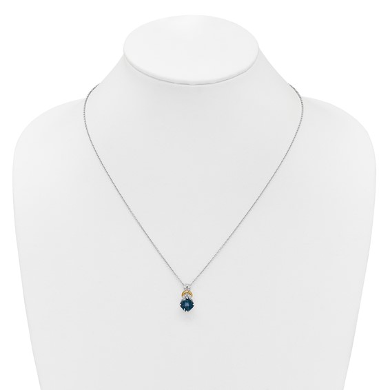 Shey Couture Sterling Silver Rhodium-plated with 14k Accent Checker Cushion London Blue Topaz .04ct. Diamond 18 inch w/2 inch Extension Necklace