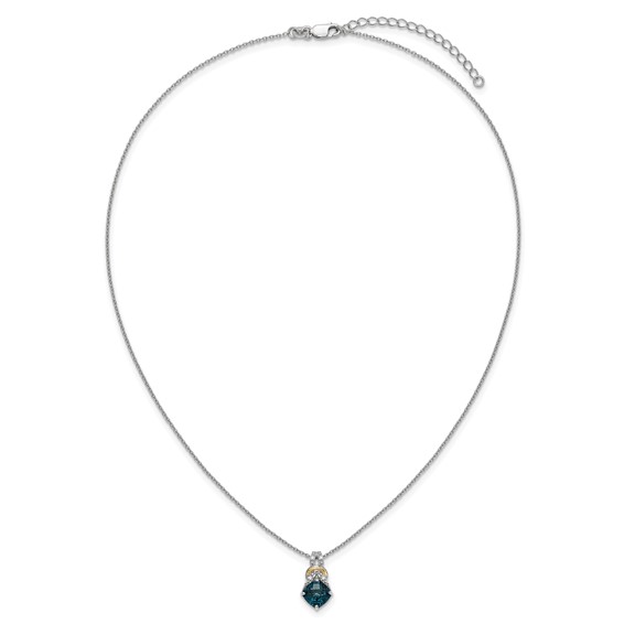 Shey Couture Sterling Silver Rhodium-plated with 14k Accent Checker Cushion London Blue Topaz .04ct. Diamond 18 inch w/2 inch Extension Necklace