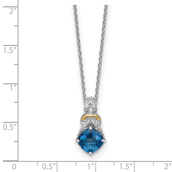 Shey Couture Sterling Silver Rhodium-plated with 14k Accent Checker Cushion London Blue Topaz .04ct. Diamond 18 inch w/2 inch Extension Necklace