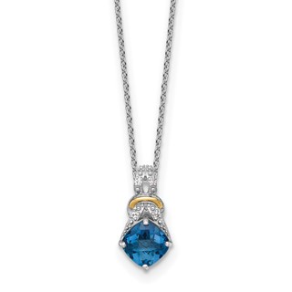 Shey Couture Sterling Silver Rhodium-plated with 14k Accent Checker Cushion London Blue Topaz .04ct. Diamond 18 inch w/2 inch Extension Necklace