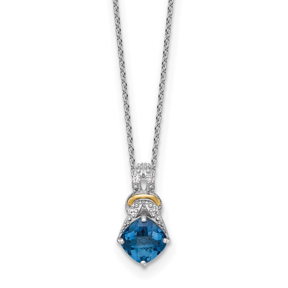 Shey Couture Sterling Silver Rhodium-plated with 14k Accent Checker Cushion London Blue Topaz .04ct. Diamond 18 inch w/2 inch Extension Necklace