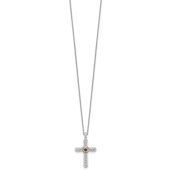 Shey Couture Sterling Silver Rhodium-plated with 14k Accent Round Garnet Textured Cross 18 inch with 2 inch Extension Necklace