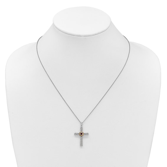 Shey Couture Sterling Silver Rhodium-plated with 14k Accent Round Garnet Textured Cross 18 inch with 2 inch Extension Necklace