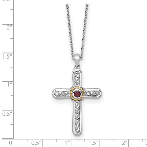 Shey Couture Sterling Silver Rhodium-plated with 14k Accent Round Garnet Textured Cross 18 inch with 2 inch Extension Necklace
