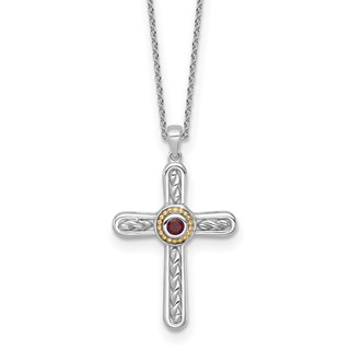 Shey Couture Sterling Silver Rhodium-plated with 14k Accent Round Garnet Textured Cross 18 inch with 2 inch Extension Necklace