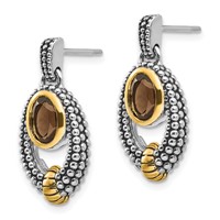 Shey Couture Sterling Silver Gold-tone Flash Gold-plated Antiqued Oval Bezel Smoky Quartz Post Dangle Earrings view 2