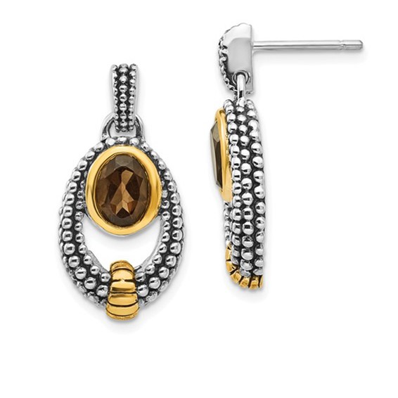 Shey Couture Sterling Silver Gold-tone Flash Gold-plated Antiqued Oval Bezel Smoky Quartz Post Dangle Earrings