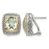 Shey Couture Sterling Silver Earrings with 14K Accent Antiqued Cushion Bezel Green Quartz Omega Back view 1