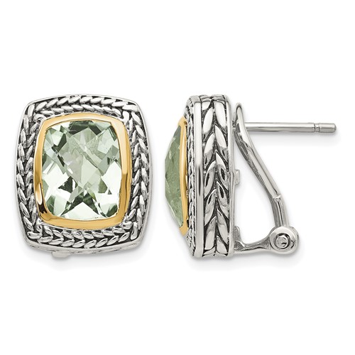 Shey Couture Sterling Silver Earrings with 14K Accent Antiqued Cushion Bezel Green Quartz Omega Back