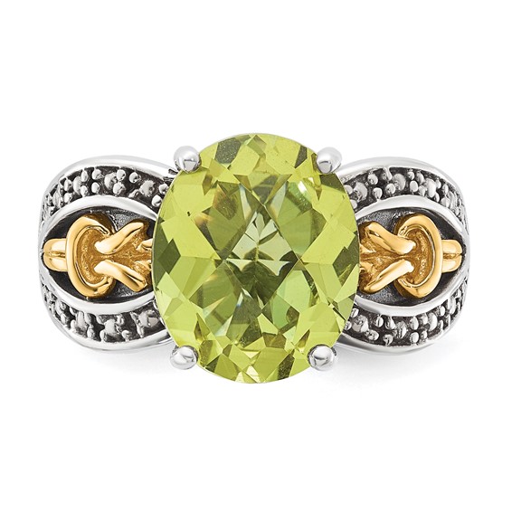 Sterling Silver w/ 14k Accent Antiqued Oval Lemon Quartz Ring