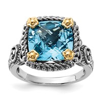 Sterling Silver Ring with 14K Accent Polished & Antiqued Swiss Blue Topaz view 1